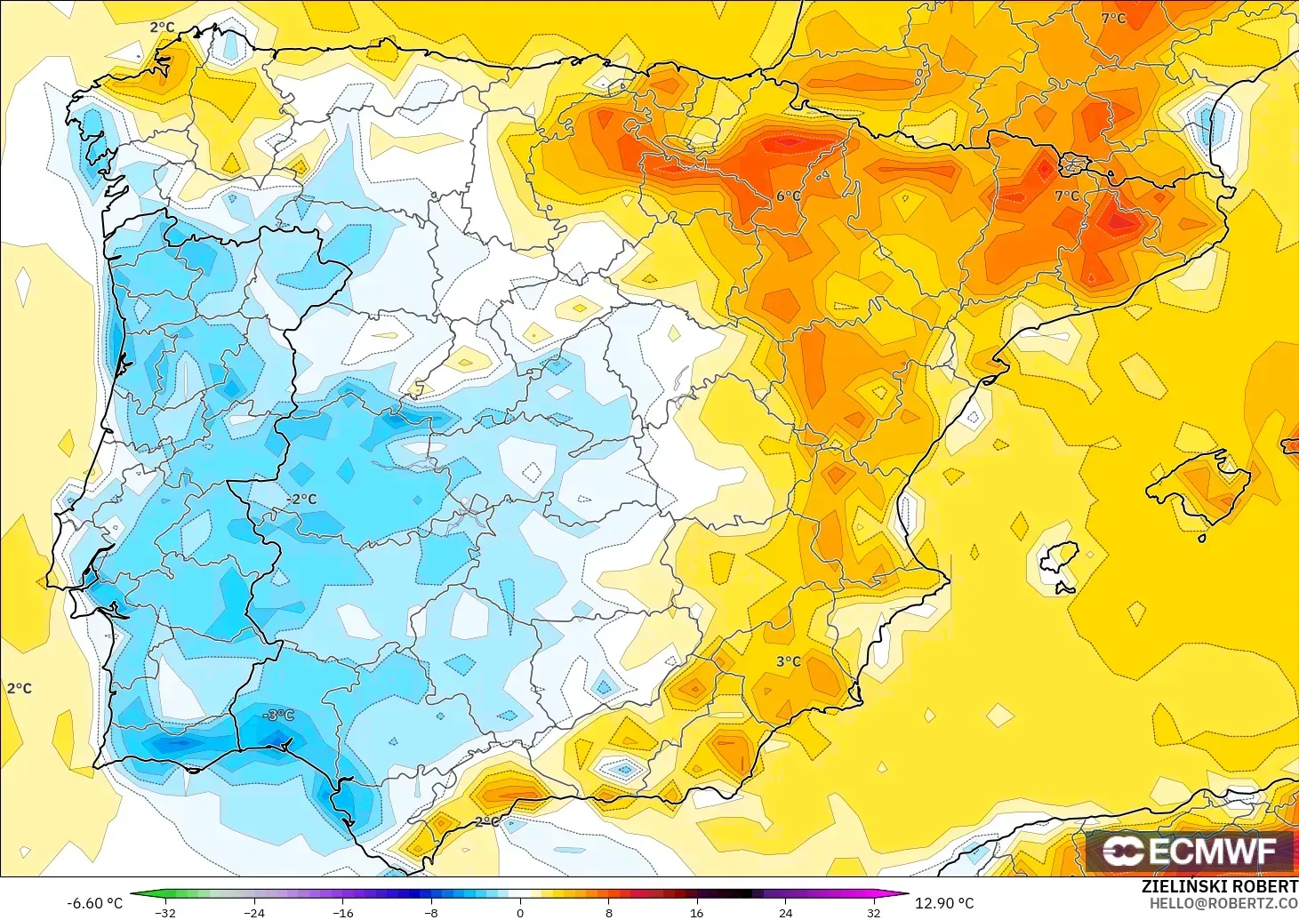 ECMWF IFS 0.25° modelo - España, Anomalía de temperatura a 2 m