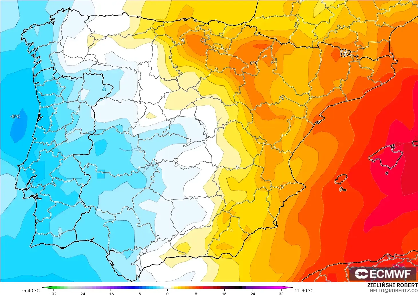 ECMWF IFS 0.25° modelo - España, Anomalía de temperatura a 850 hPa