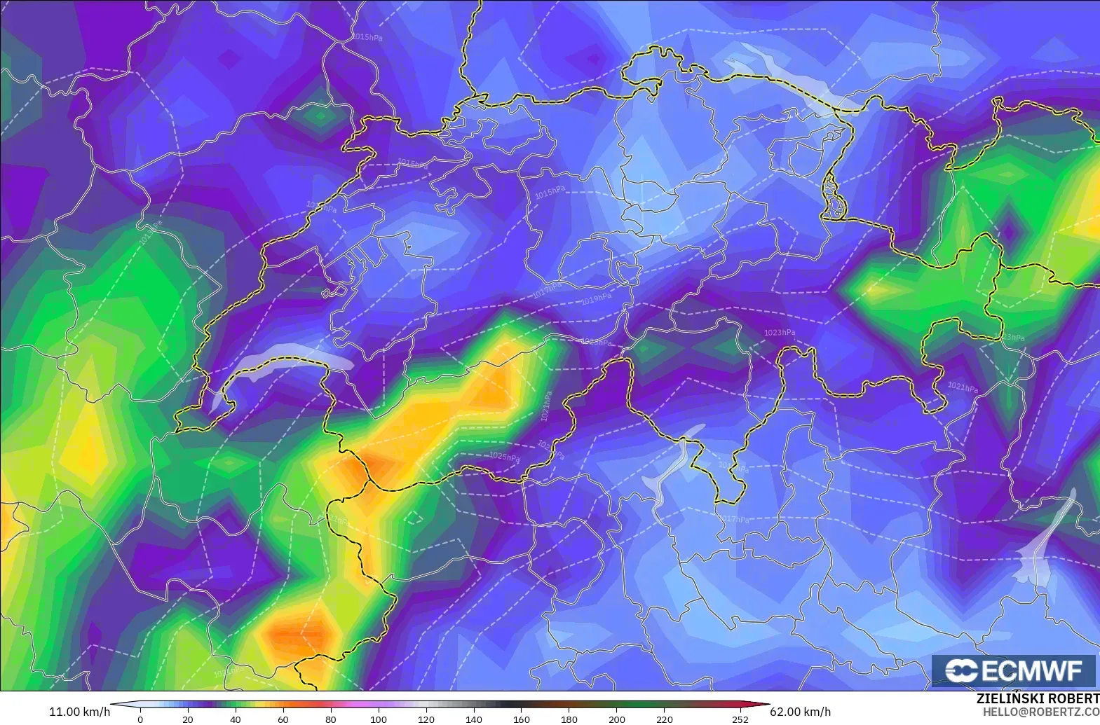 ECMWF IFS 0.25° modelo - Suiza, Ráfagas de viento