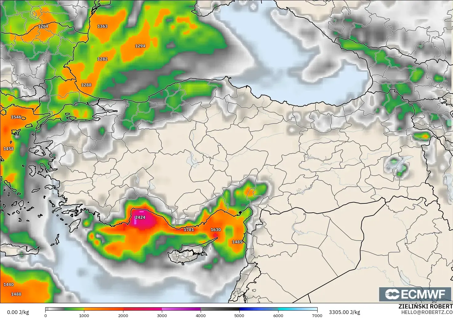 ECMWF IFS 0.25° modelo - Turquía, CAPE