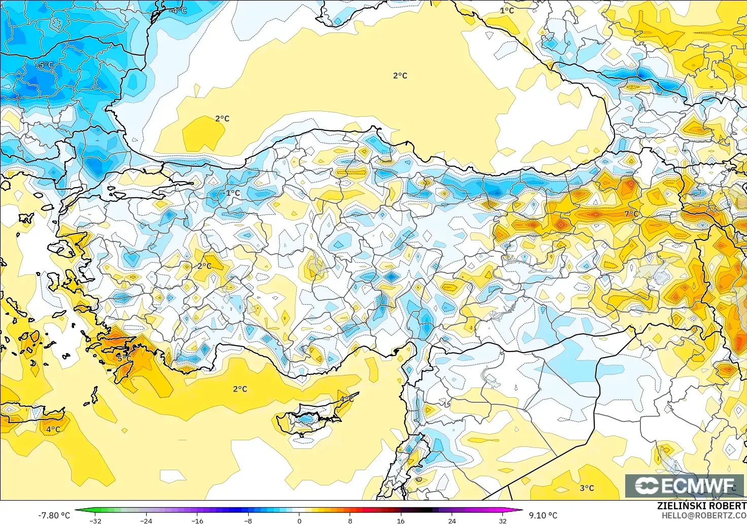 ECMWF IFS 0.25° modelo - Turquía, Anomalía de temperatura a 2 m