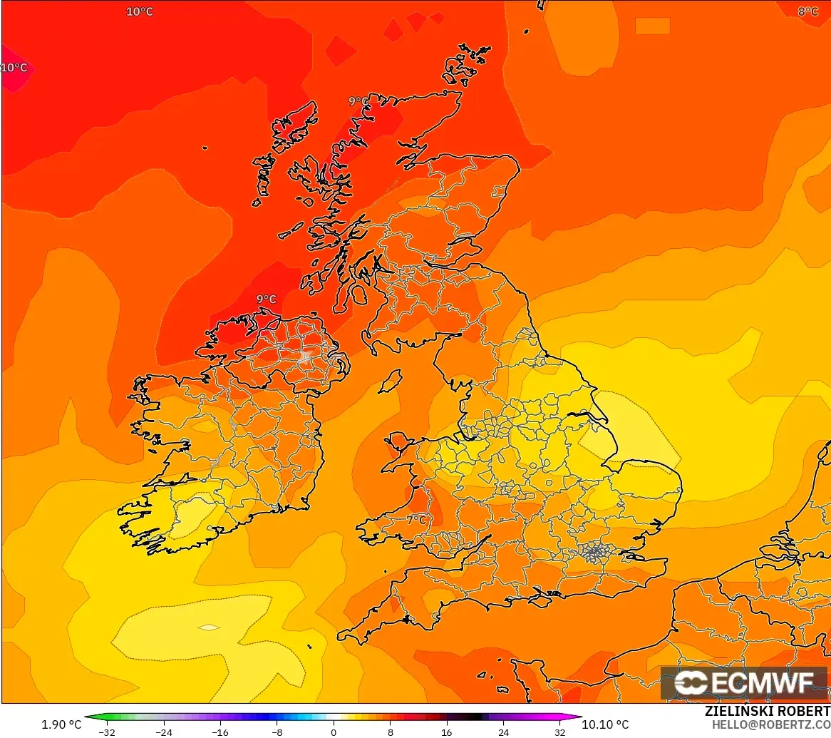 ECMWF IFS 0.25° modelo - Reino Unido, Anomalía de temperatura a 850 hPa