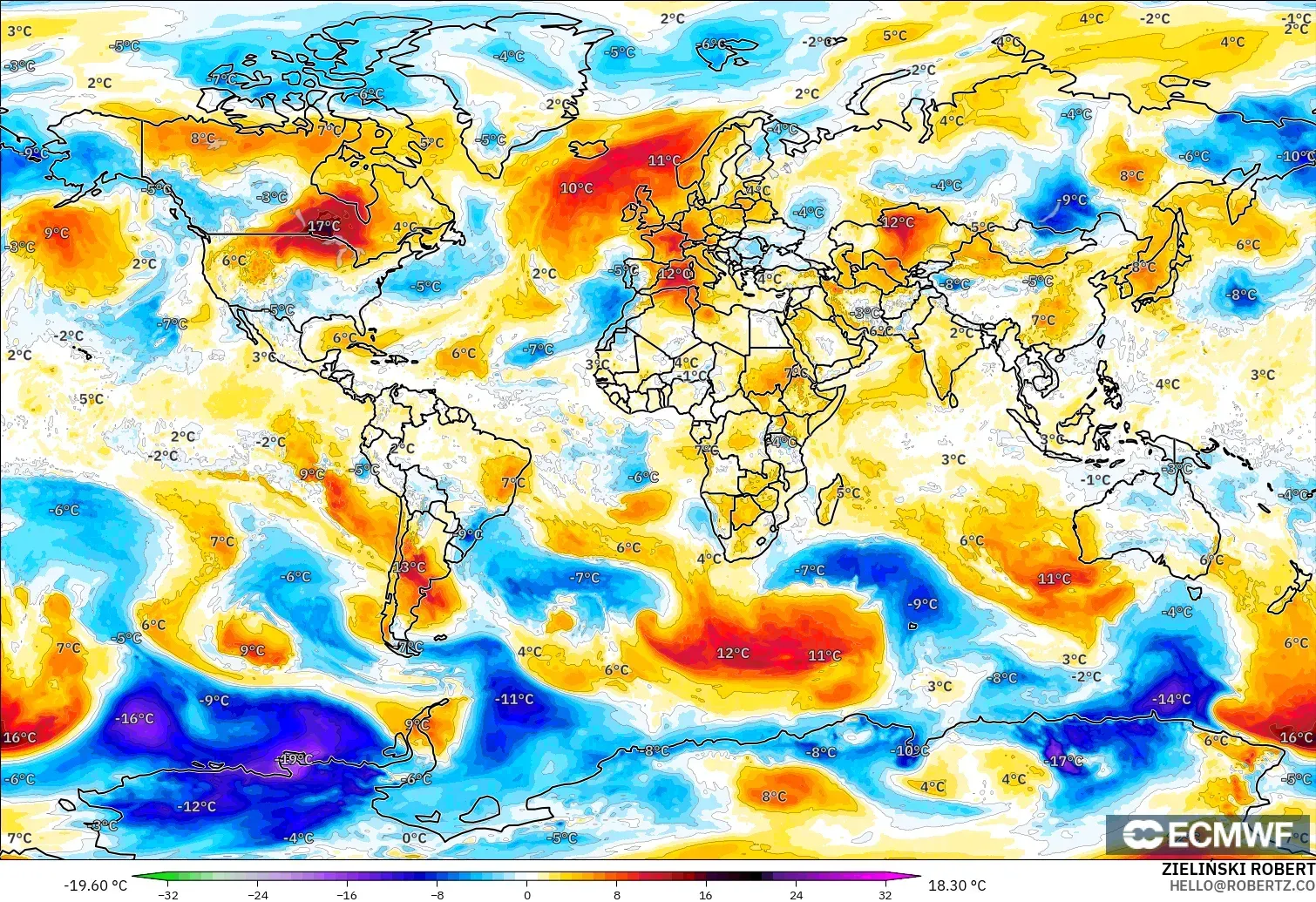 ECMWF IFS 0.25° modelo - Mundo, Anomalía de temperatura a 850 hPa