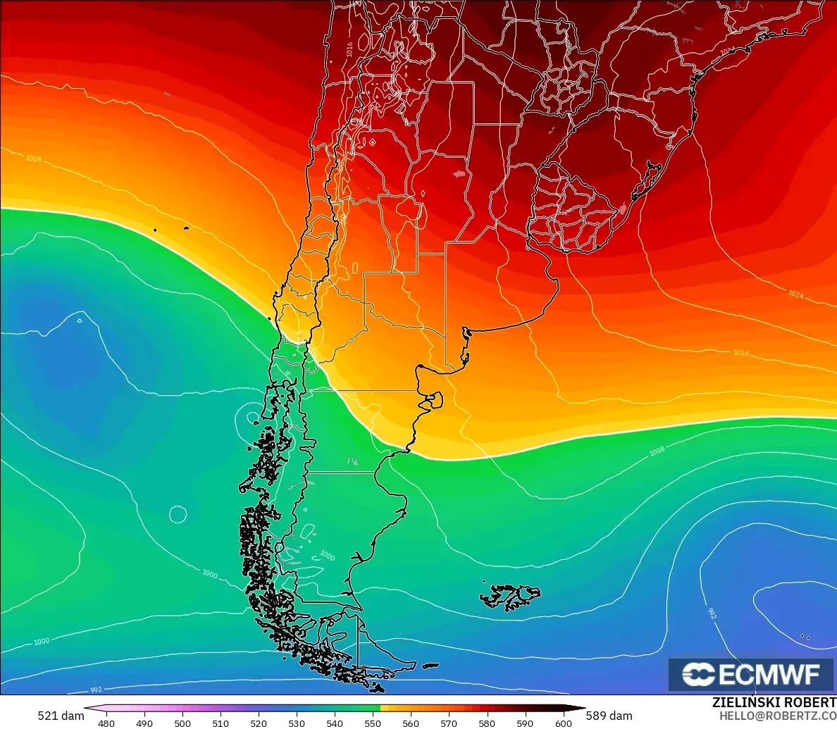 ECMWF IFS 0.25° modelo - Argentina, Altura geopotencial a 500 hPa