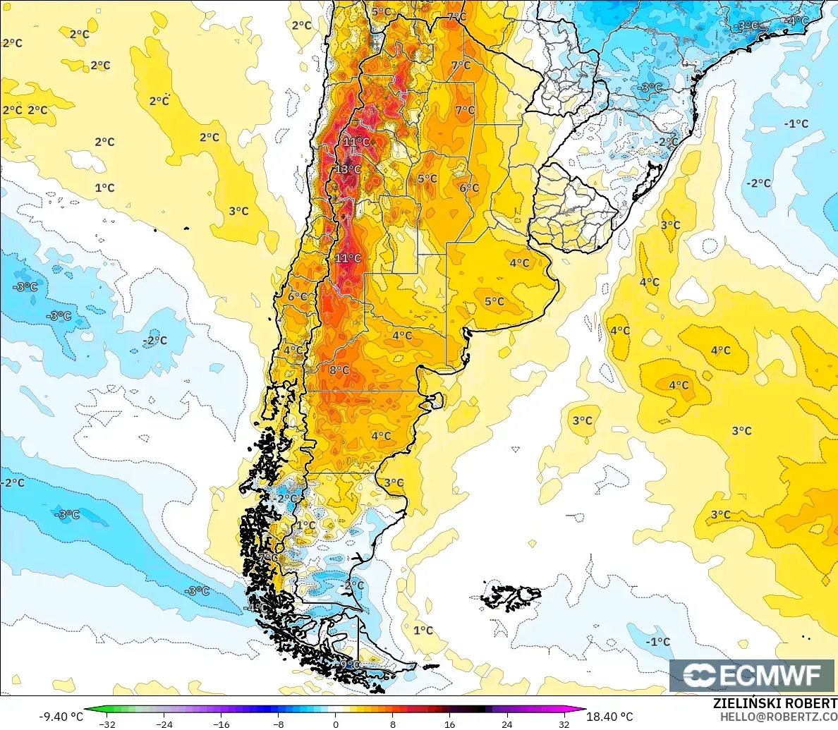 ECMWF IFS 0.25° modelo - Argentina, Anomalía de temperatura a 2 m