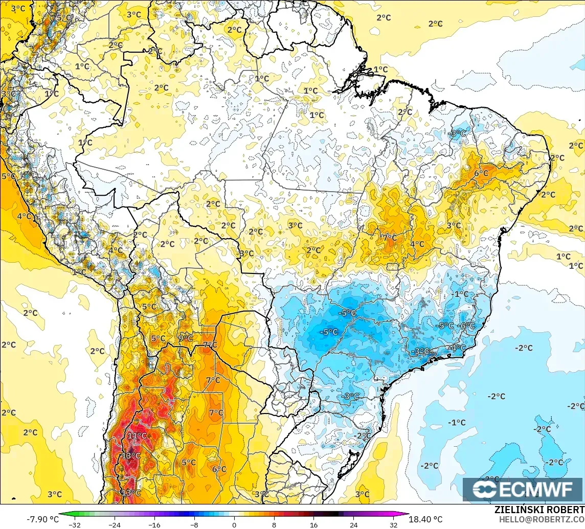 ECMWF IFS 0.25° modelo - Brasil, Anomalía de temperatura a 2 m
