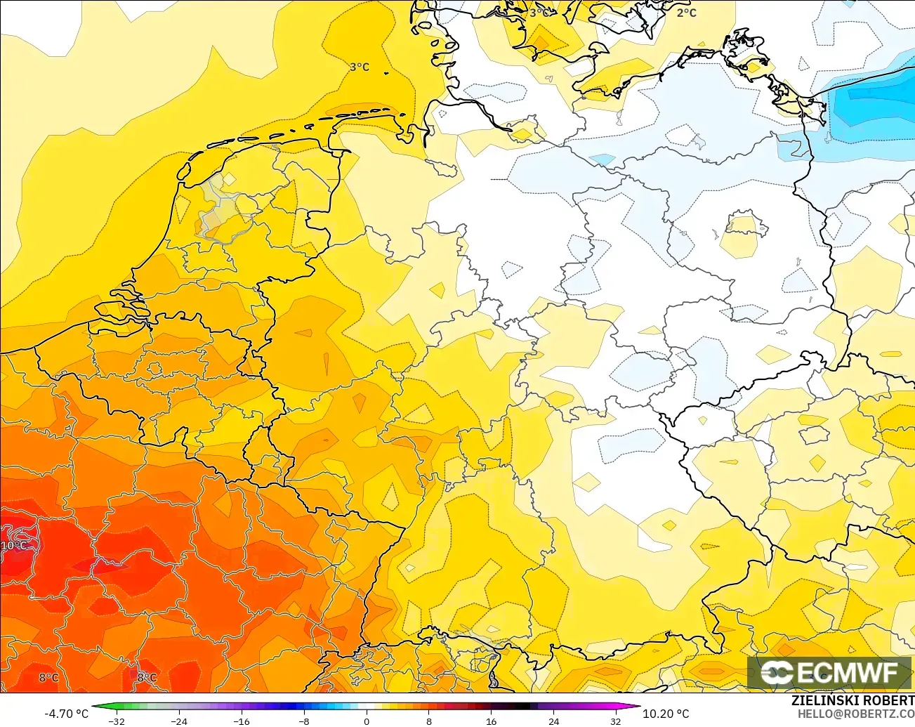 ECMWF IFS 0.25° modelo - Alemania, Anomalía de temperatura a 2 m