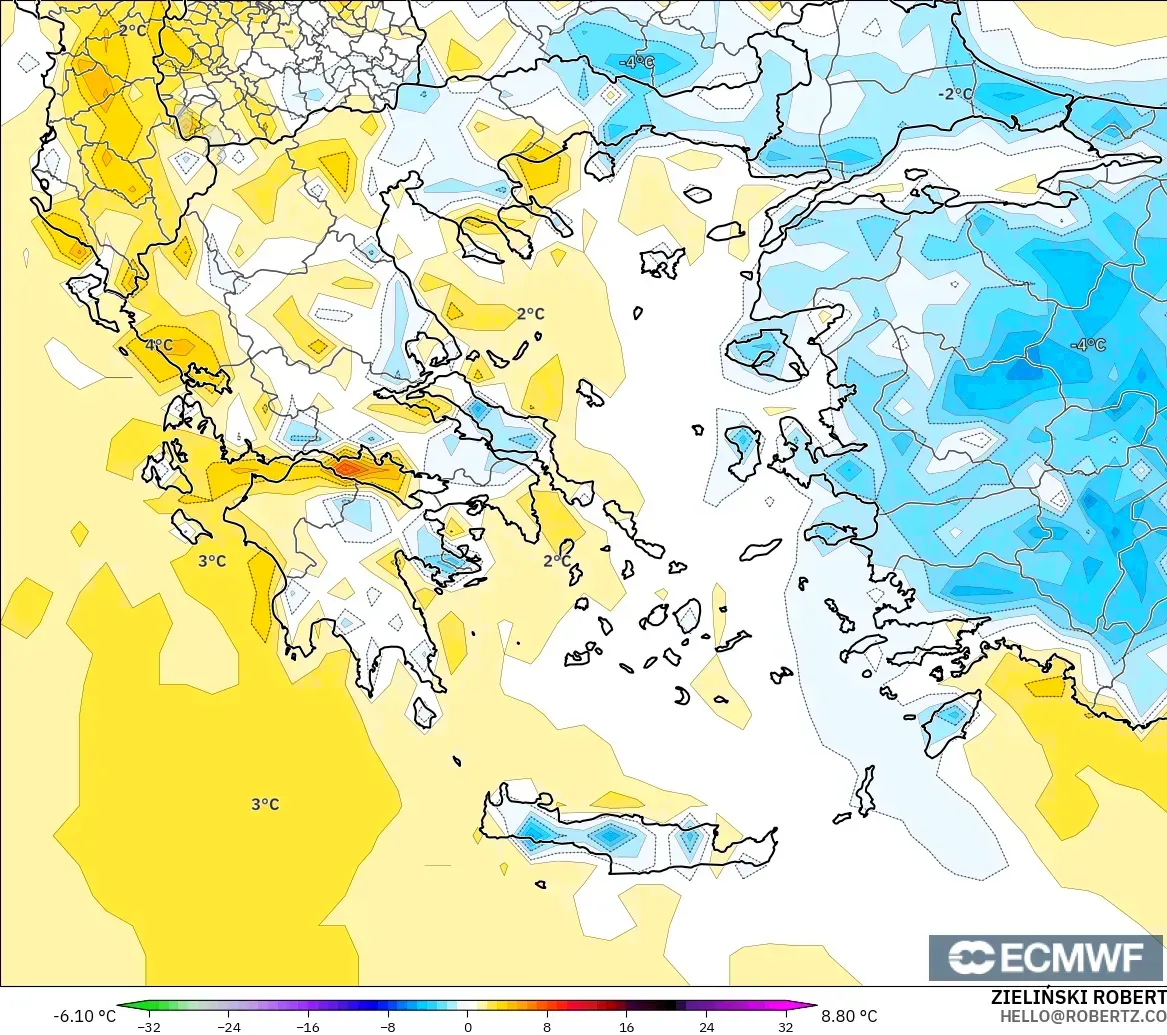 ECMWF IFS 0.25° modelo - Grecia, Anomalía de temperatura a 2 m