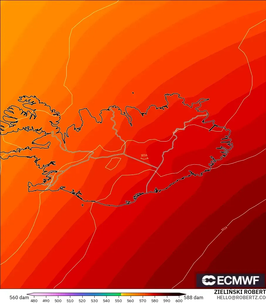 ECMWF IFS 0.25° modelo - Islandia, Altura geopotencial a 500 hPa