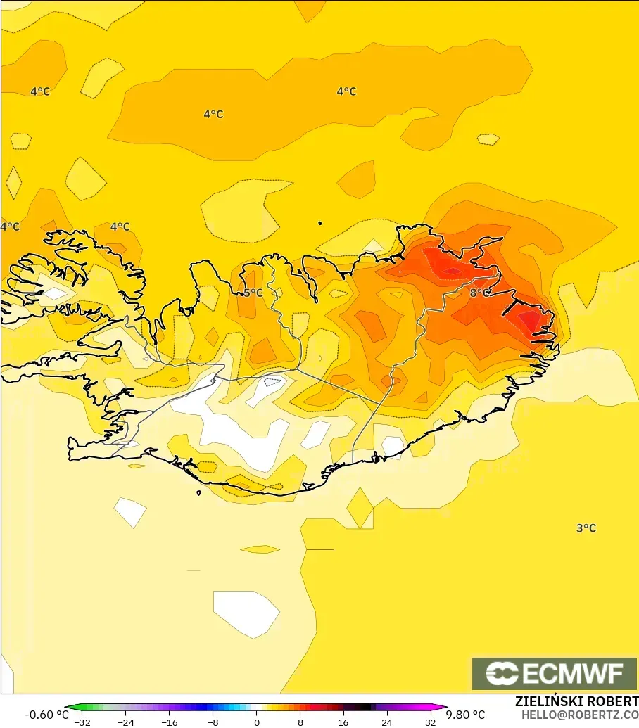 ECMWF IFS 0.25° modelo - Islandia, Anomalía de temperatura a 2 m