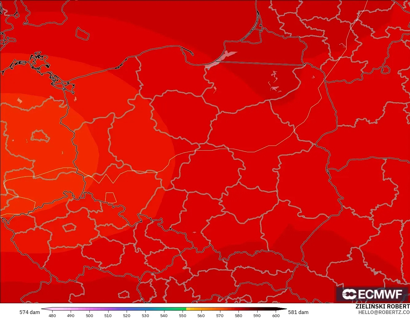 ECMWF IFS 0.25° modelo - Polonia, Altura geopotencial a 500 hPa