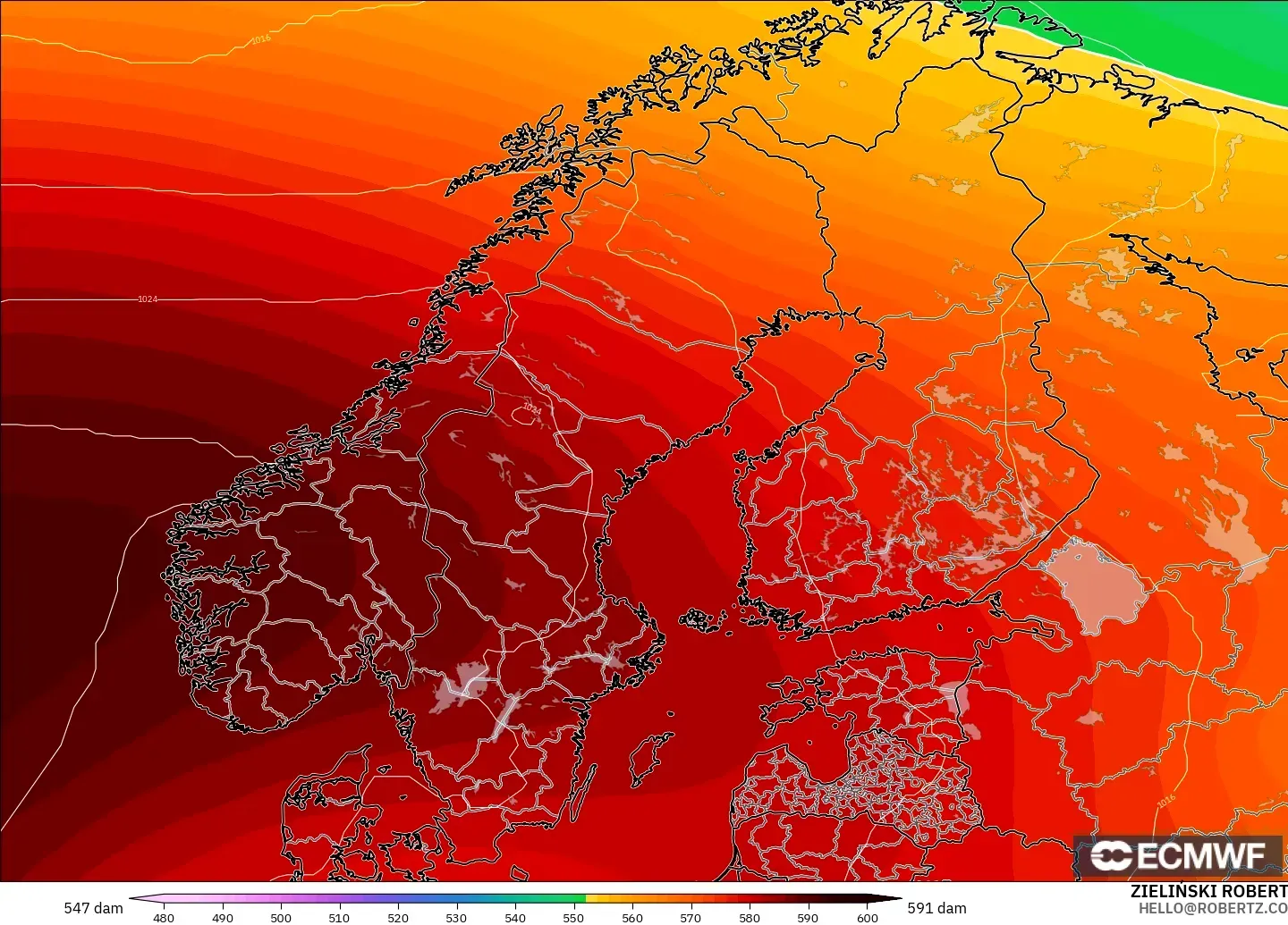 ECMWF IFS 0.25° modelo - Escandinavia, Altura geopotencial a 500 hPa