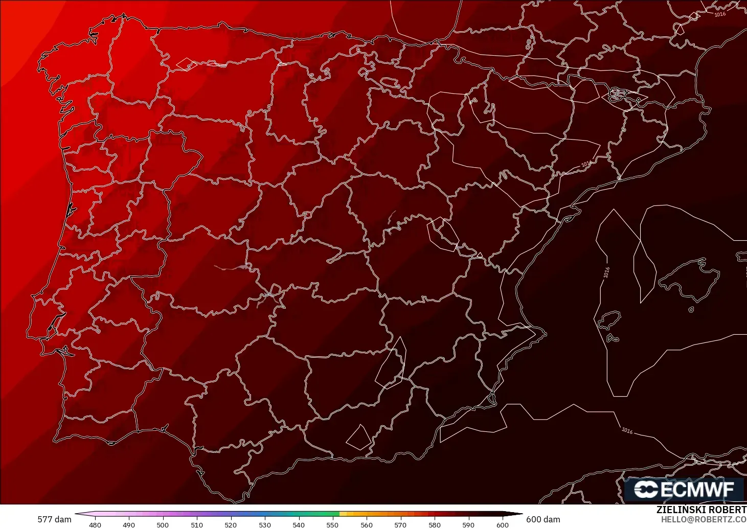 ECMWF IFS 0.25° modelo - España, Altura geopotencial a 500 hPa