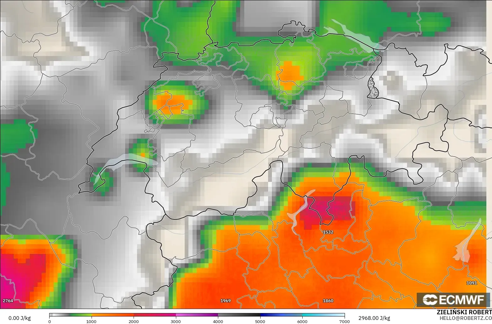 ECMWF IFS 0.25° modelo - Suiza, CAPE
