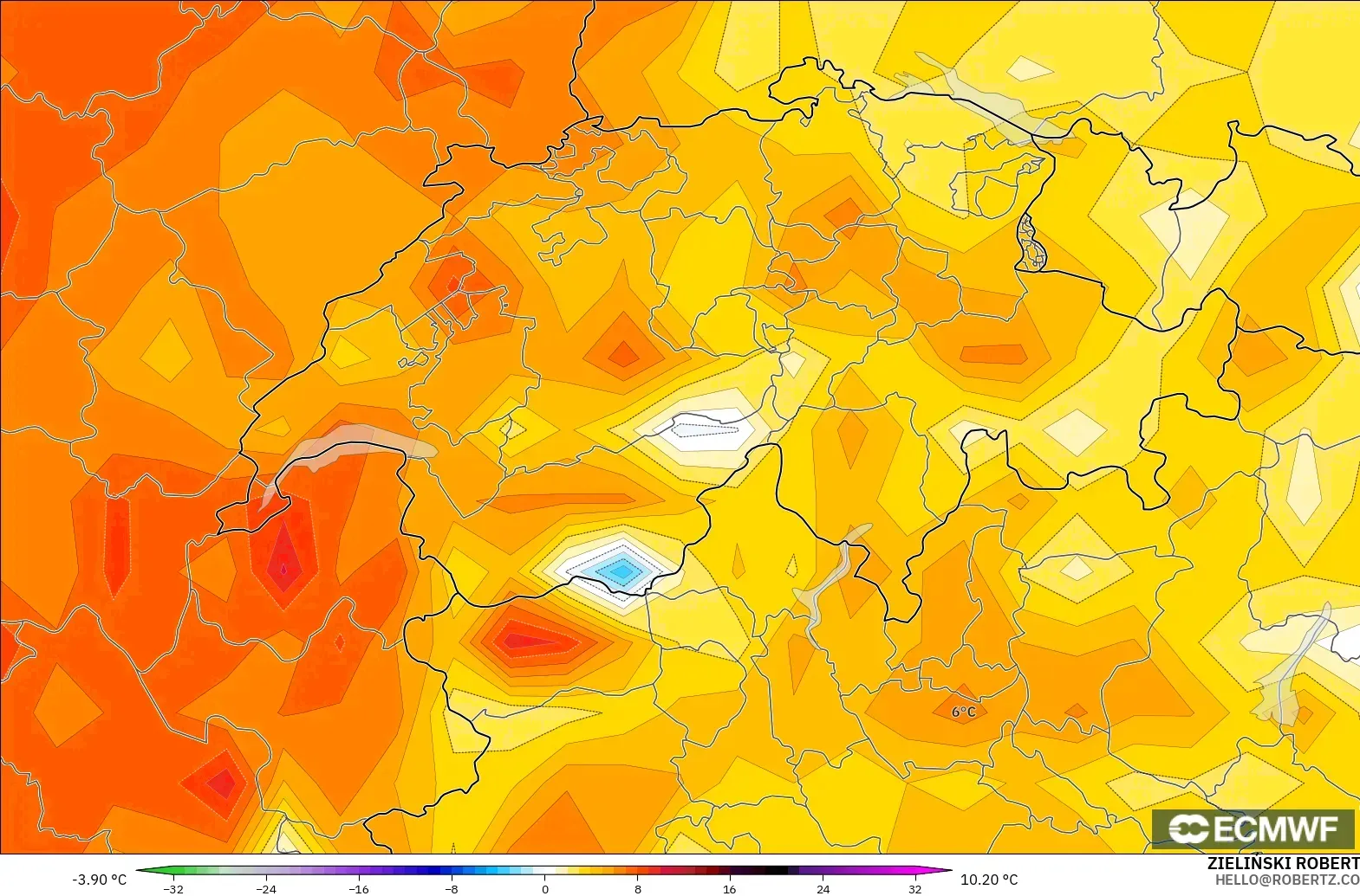 ECMWF IFS 0.25° modelo - Suiza, Anomalía de temperatura a 2 m