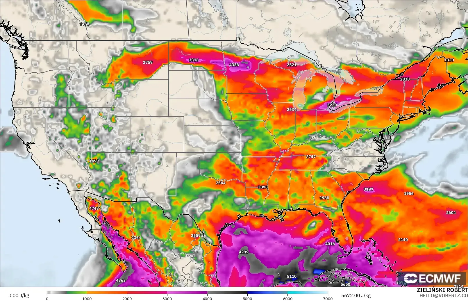 ECMWF IFS 0.25° modelo - Estados Unidos, CAPE