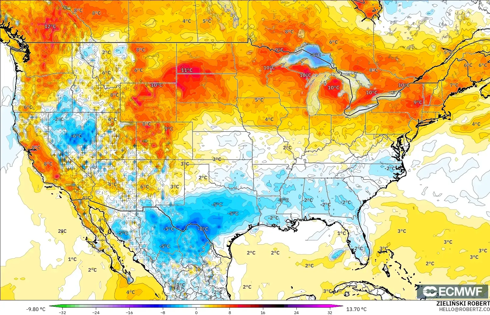 ECMWF IFS 0.25° modelo - Estados Unidos, Anomalía de temperatura a 2 m