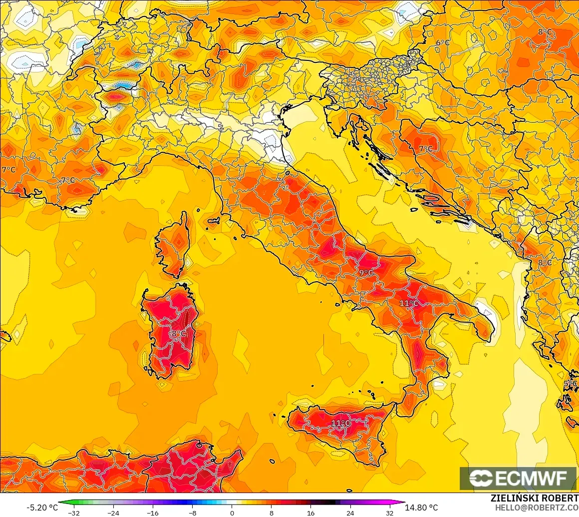 ECMWF IFS 0.25° modelo - Italia, Anomalía de temperatura a 2 m