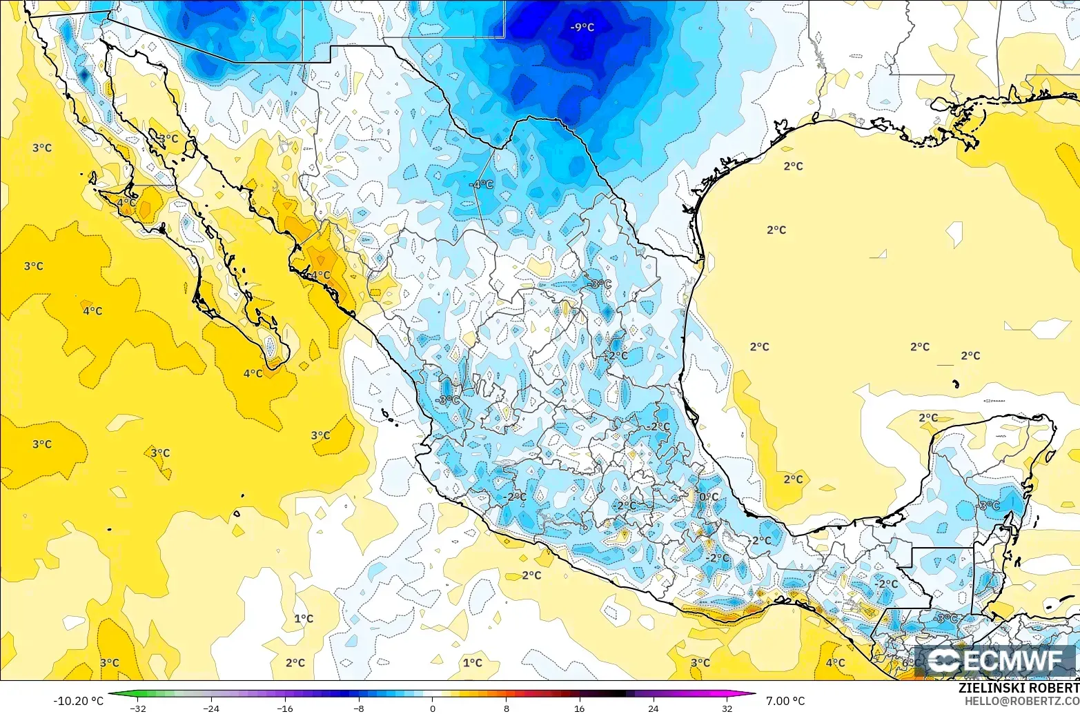 ECMWF IFS 0.25° modelo - México, Anomalía de temperatura a 2 m