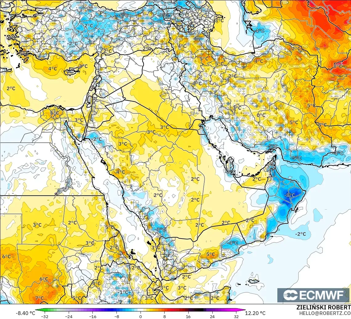 ECMWF IFS 0.25° modelo - Oriente Medio, Anomalía de temperatura a 2 m