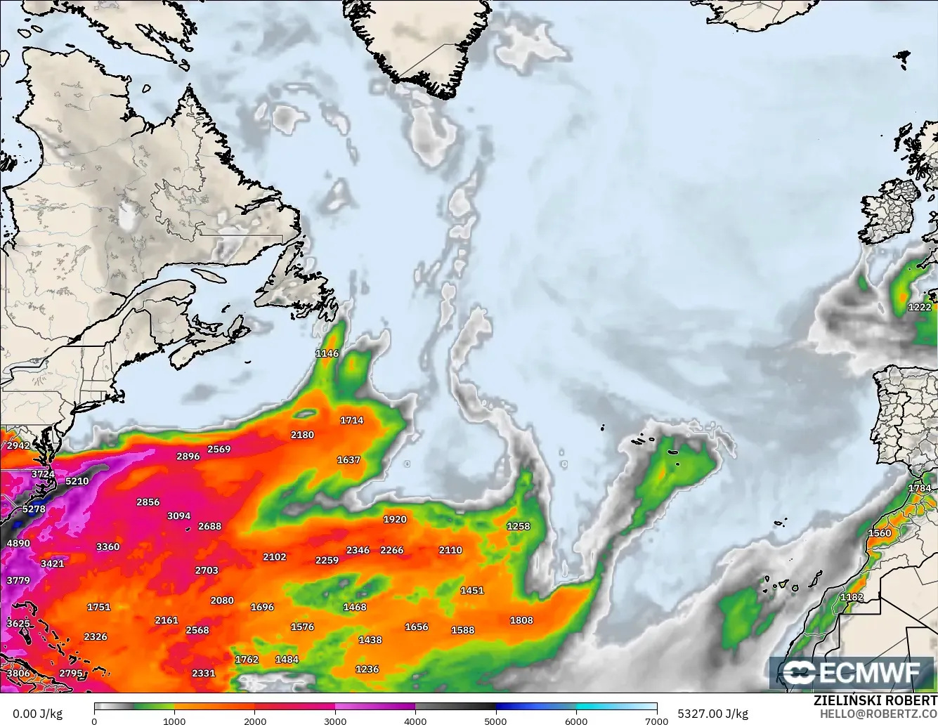 ECMWF IFS 0.25° modelo - Norte Atlántico, CAPE