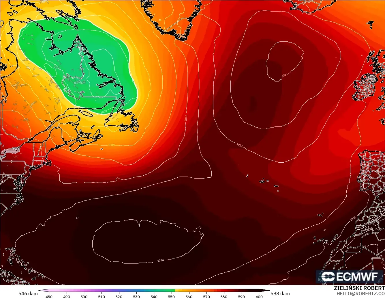 ECMWF IFS 0.25° modelo - Norte Atlántico, Altura geopotencial a 500 hPa