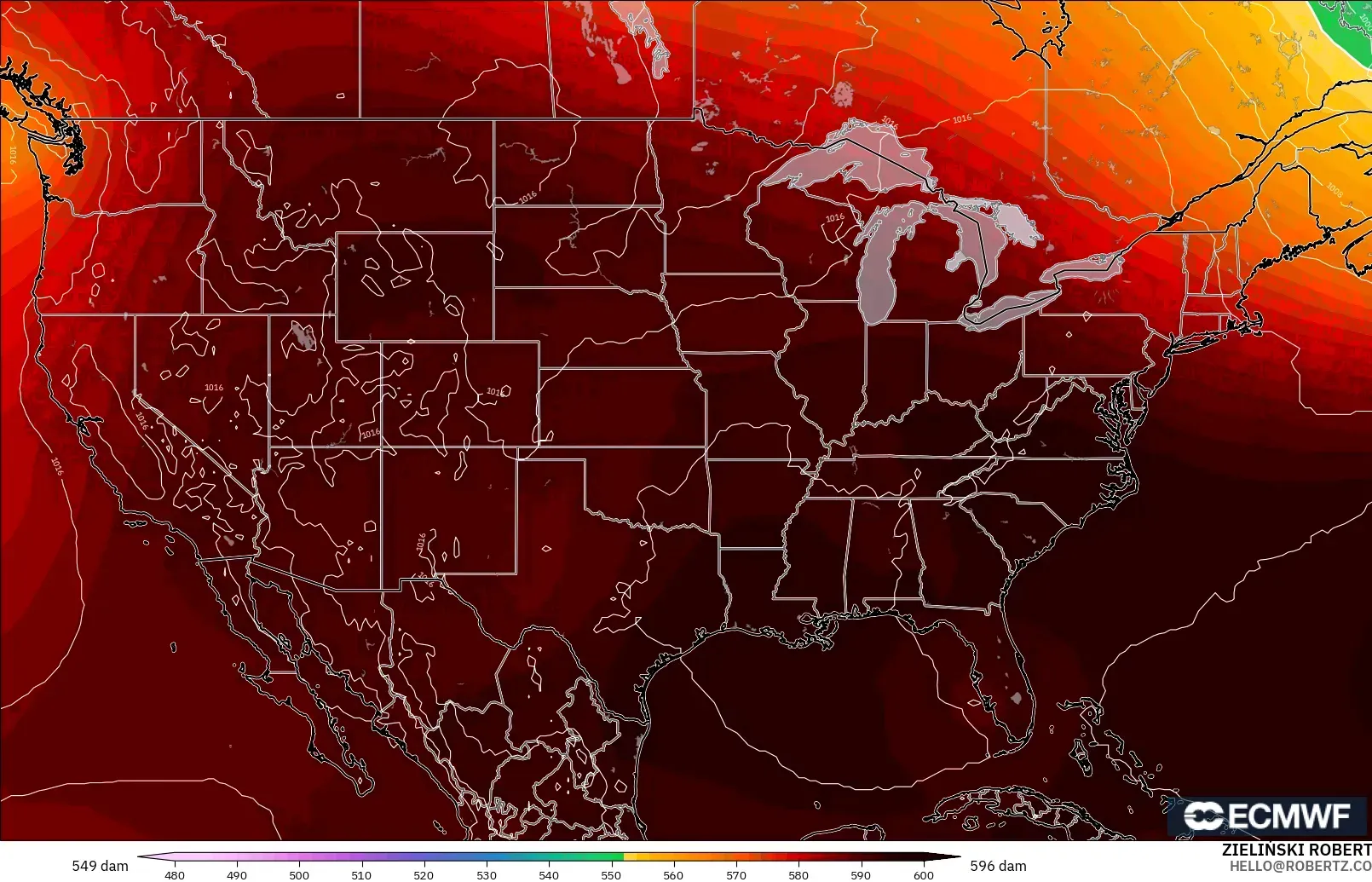 ECMWF IFS 0.25° modelo - Estados Unidos, Altura geopotencial a 500 hPa