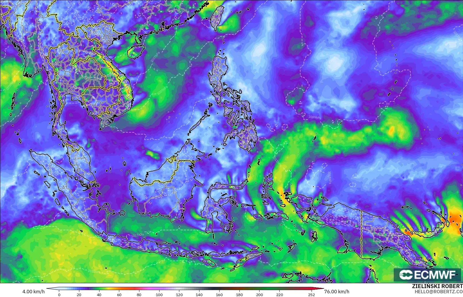 ECMWF IFS 0.25° modelo - Sudeste Asiático, Ráfagas de viento