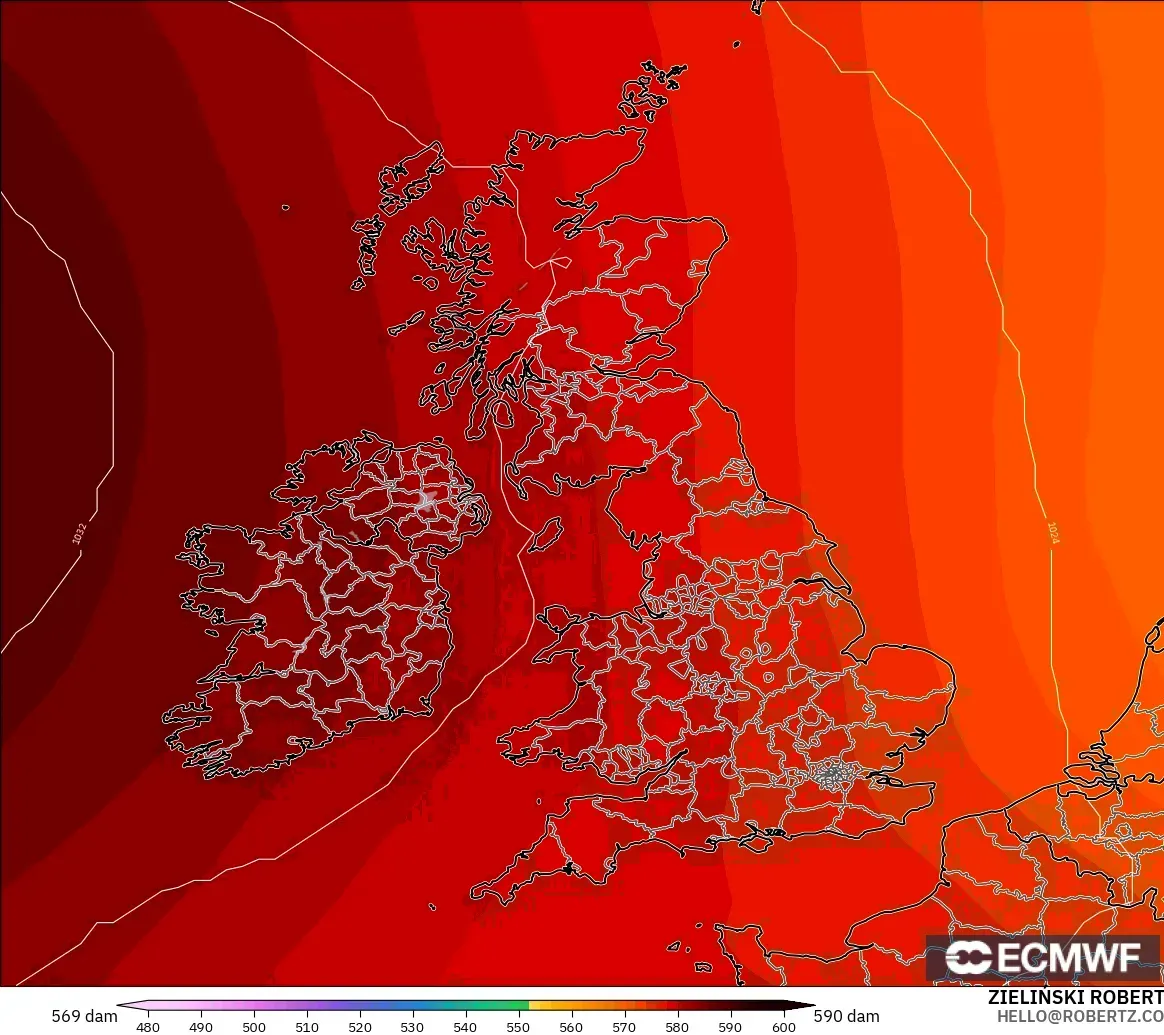 ECMWF IFS 0.25° modelo - Reino Unido, Altura geopotencial a 500 hPa