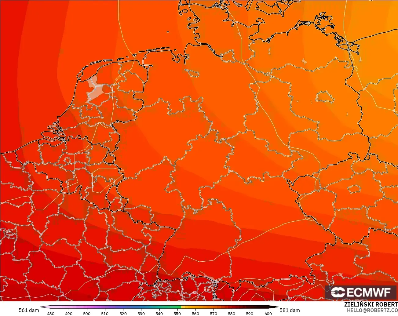 ECMWF IFS 0.25° modelo - Alemania, Altura geopotencial a 500 hPa
