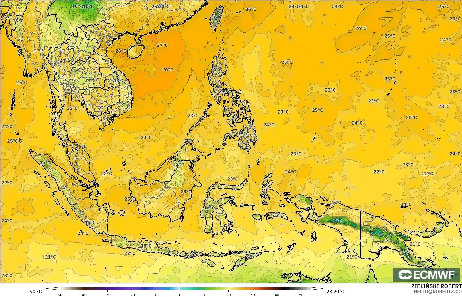 ECMWF IFS 0.25° modelo - Sudeste Asiático, Punto de rocío a 2 m
