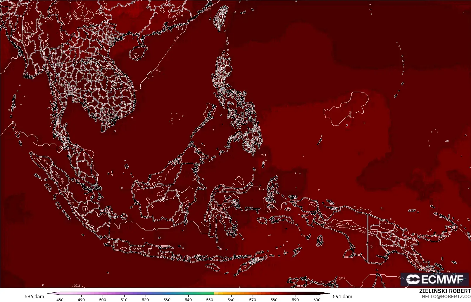 ECMWF IFS 0.25° modelo - Sudeste Asiático, Altura geopotencial a 500 hPa
