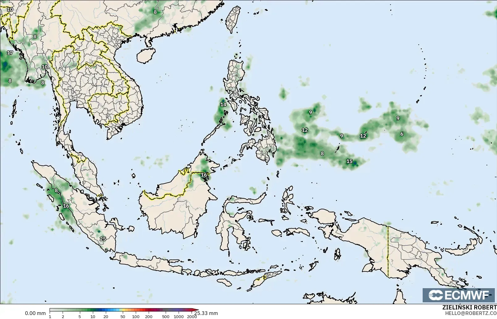 ECMWF IFS 0.25° modelo - Sudeste Asiático, Acumulación de precipitación