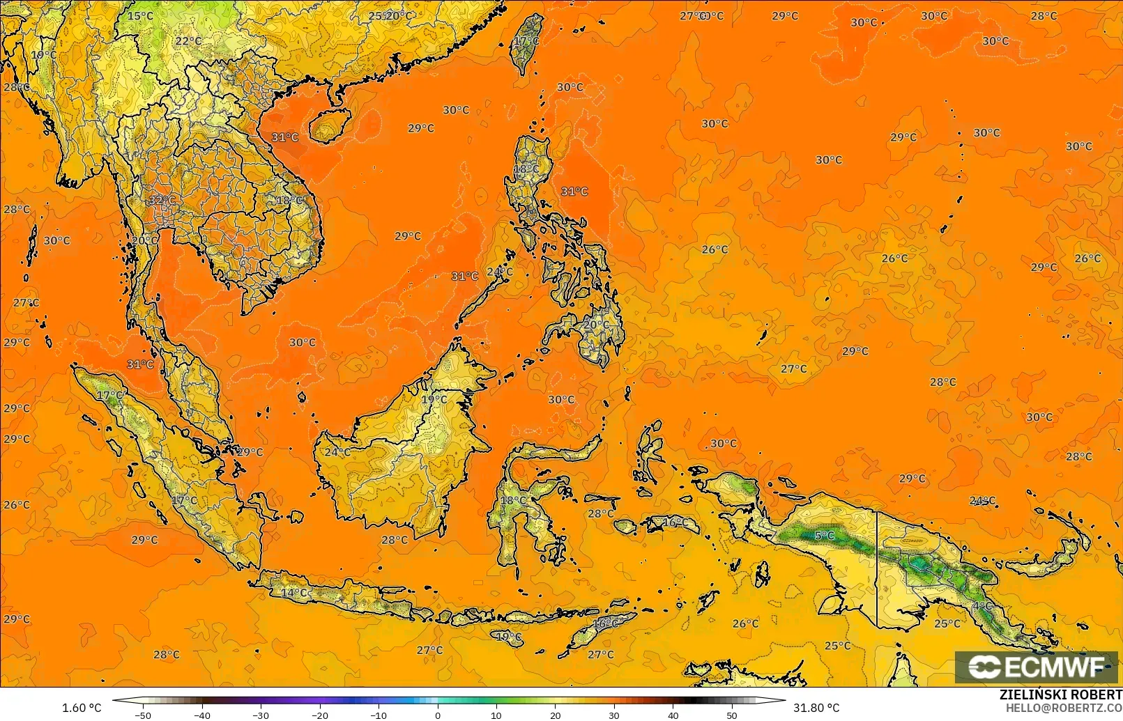 ECMWF IFS 0.25° modelo - Sudeste Asiático, Temperatura a 2 m