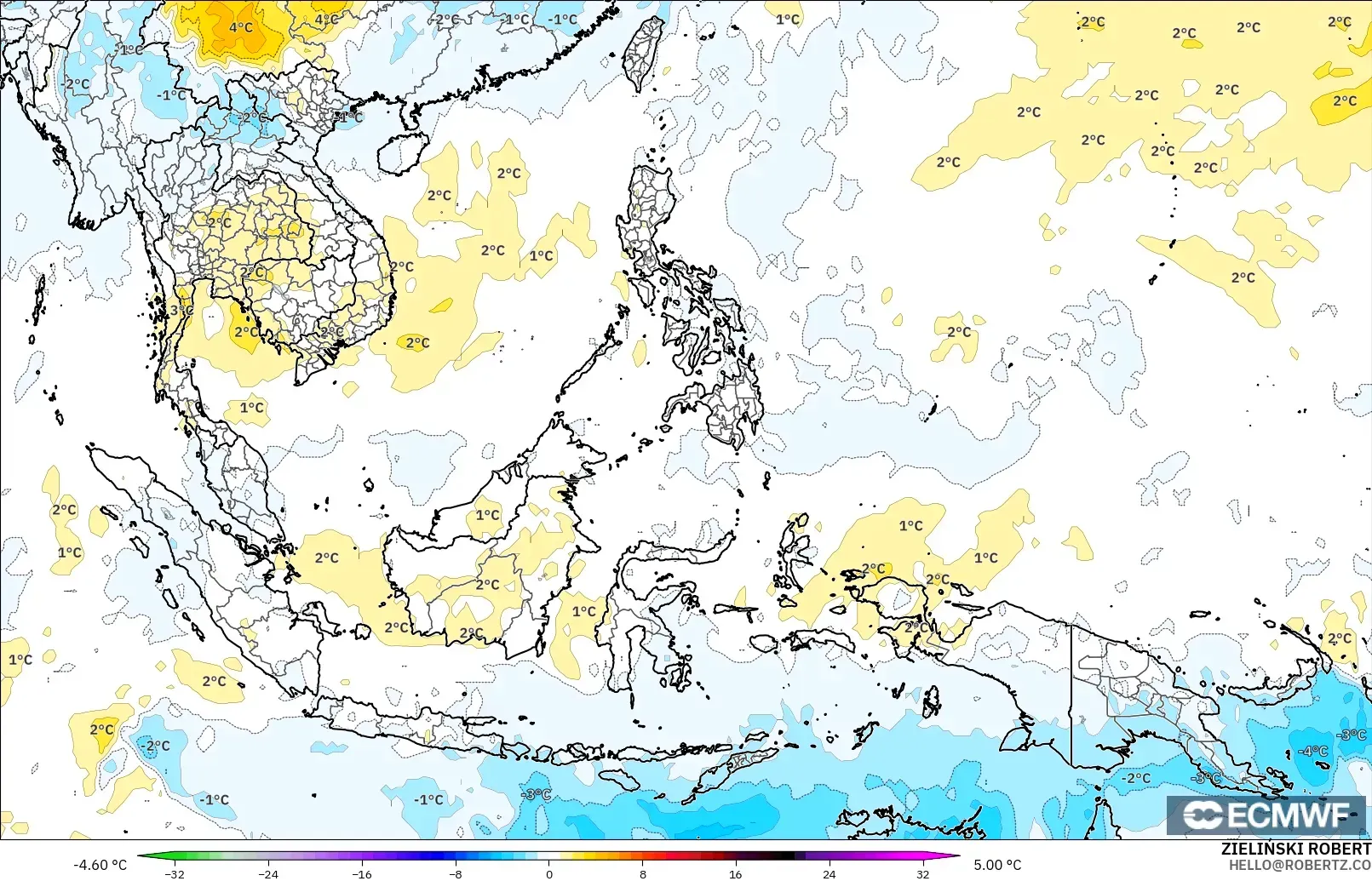 ECMWF IFS 0.25° modelo - Sudeste Asiático, Anomalía de temperatura a 850 hPa