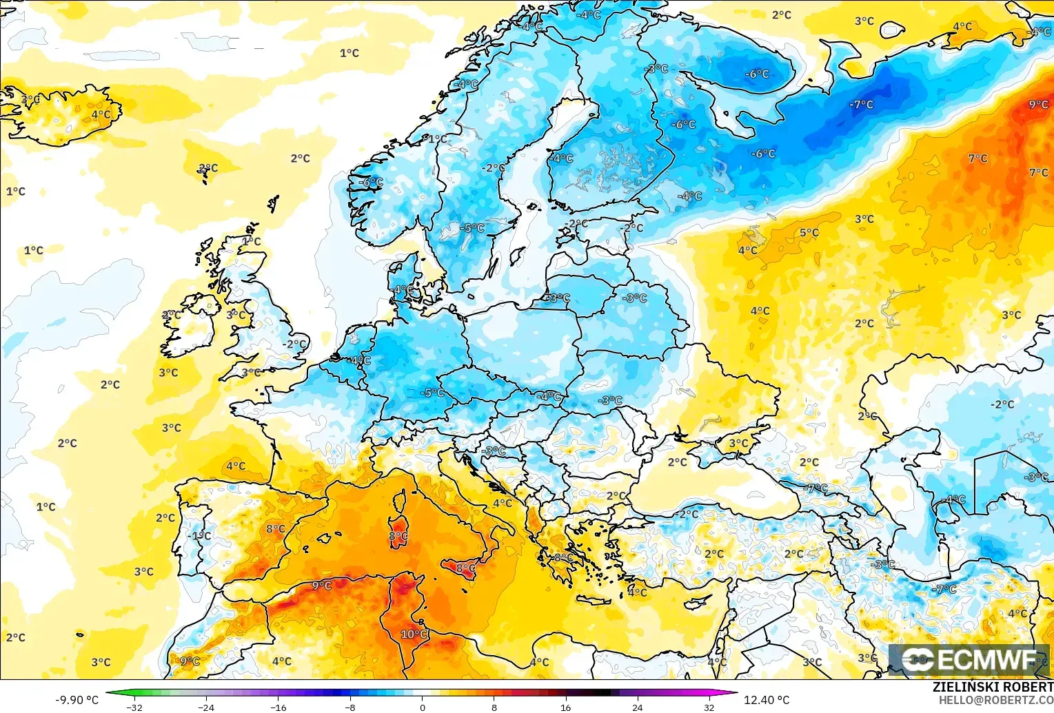 ECMWF IFS 0.25° modelo - Europa, Anomalía de temperatura a 2 m