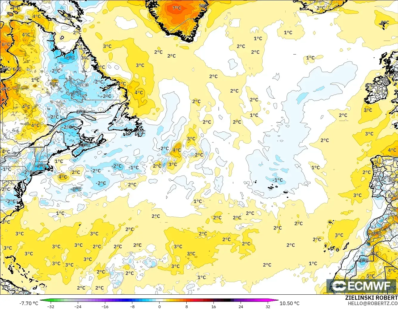 ECMWF IFS 0.25° modelo - Norte Atlántico, Anomalía de temperatura a 2 m