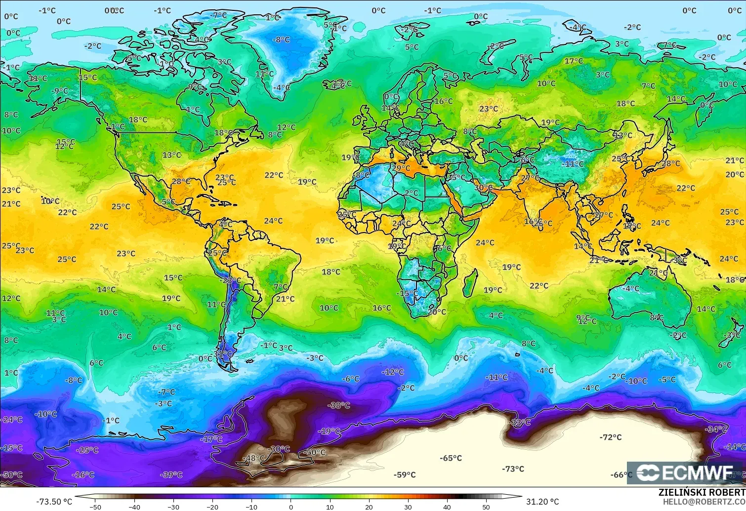 ECMWF IFS 0.25° modelo - Mundo, Punto de rocío a 2 m