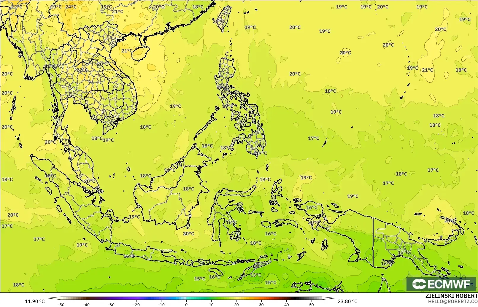 ECMWF IFS 0.25° modelo - Sudeste Asiático, Temperatura a 850 hPa