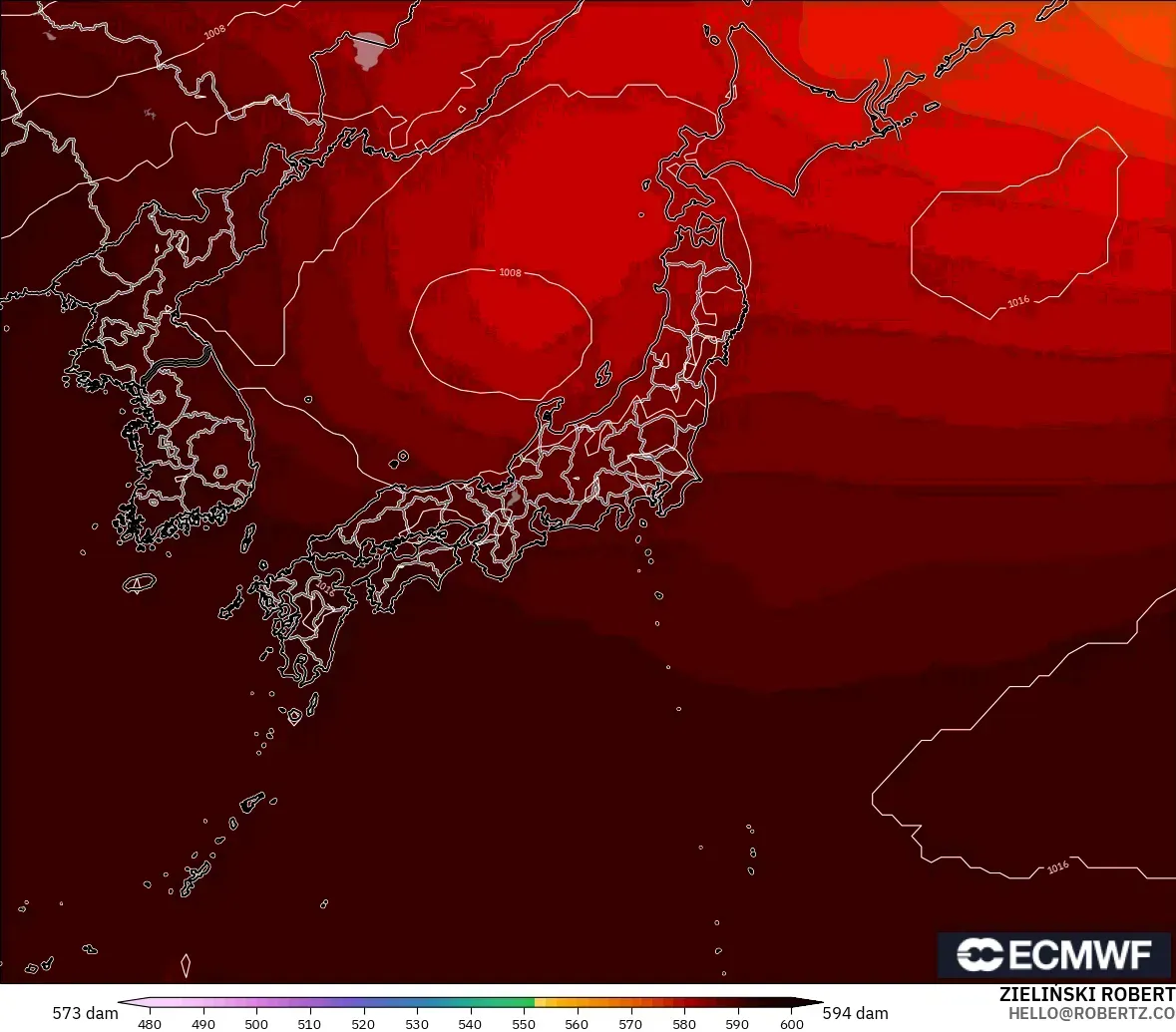 ECMWF IFS 0.25° modelo - Japón, Altura geopotencial a 500 hPa