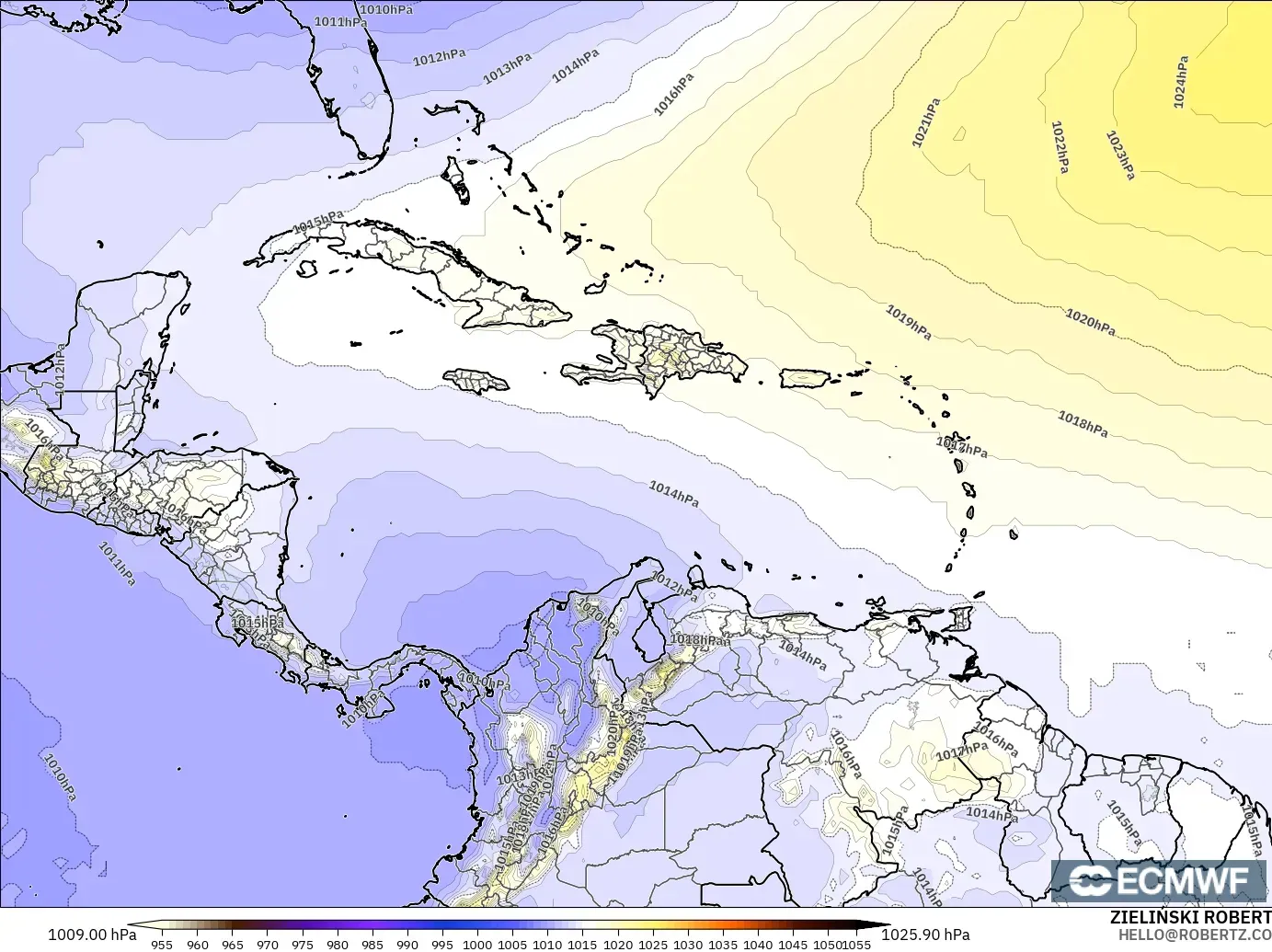 ECMWF IFS 0.25° modelo - Caribe, Presión