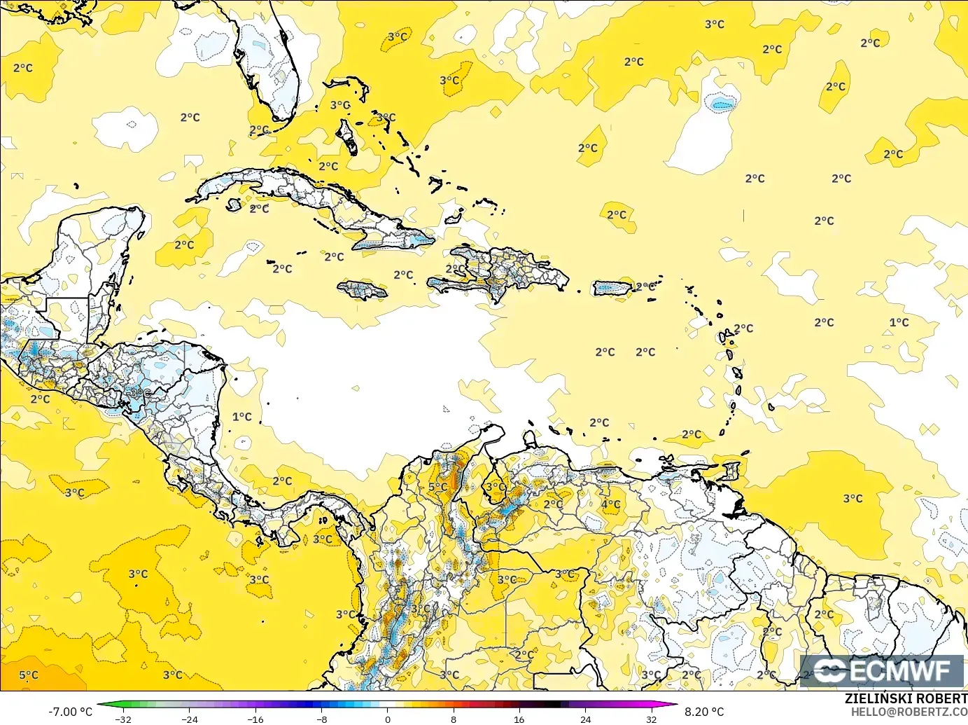 ECMWF IFS 0.25° modelo - Caribe, Anomalía de temperatura a 2 m
