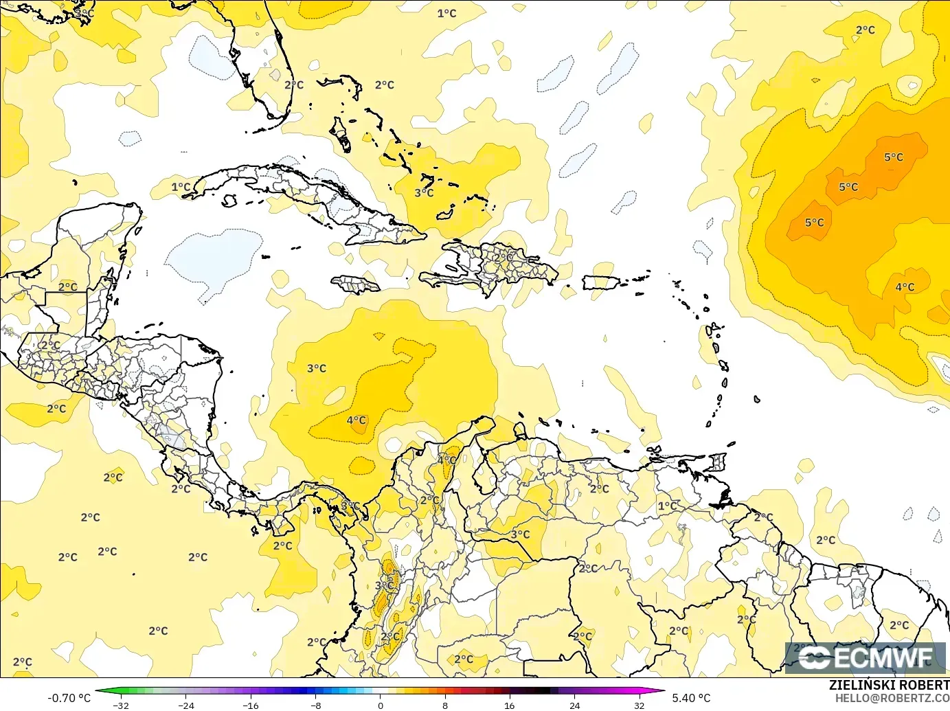 ECMWF IFS 0.25° modelo - Caribe, Anomalía de temperatura a 850 hPa
