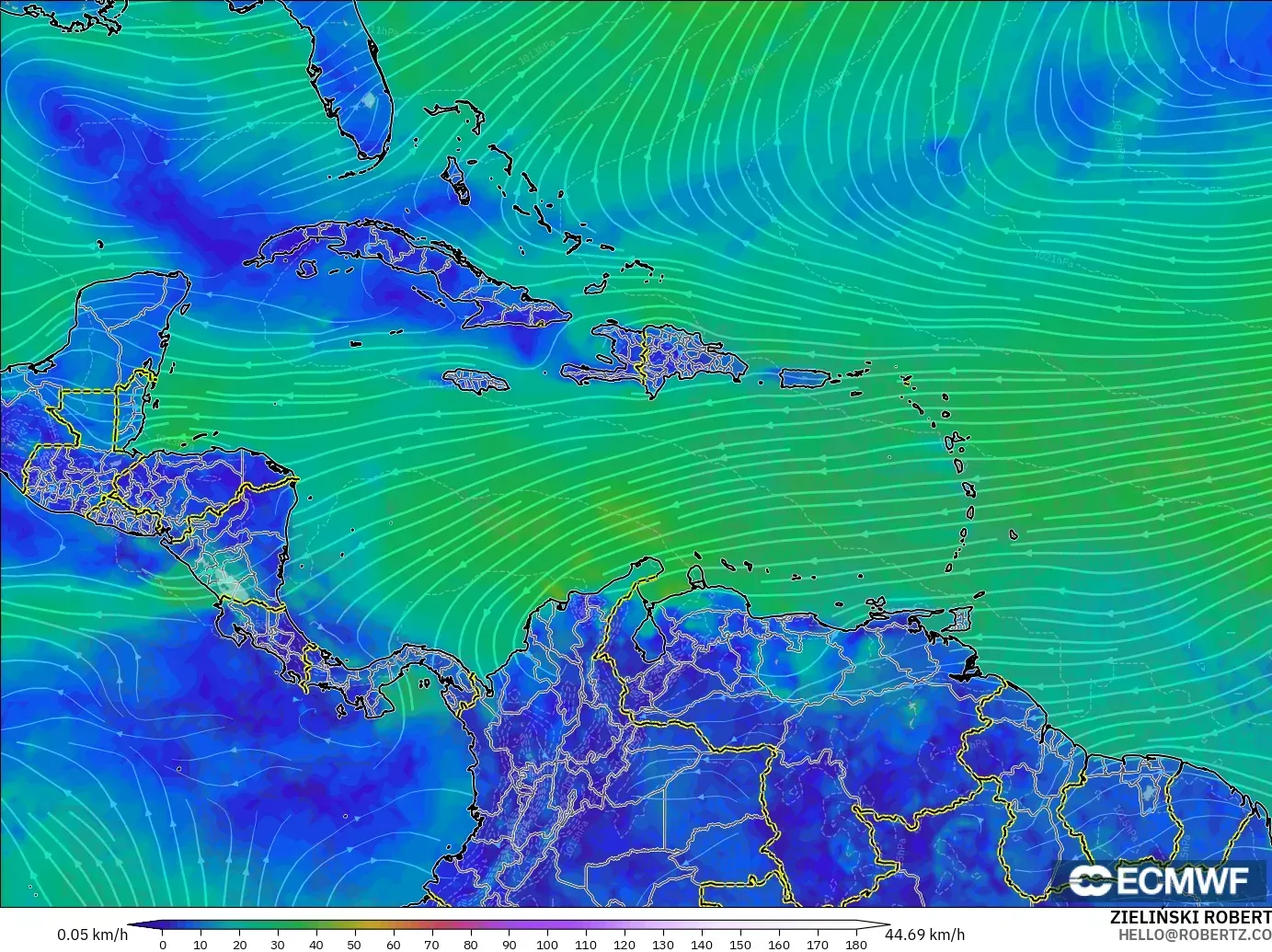 ECMWF IFS 0.25° modelo - Caribe, Viento a 10 m