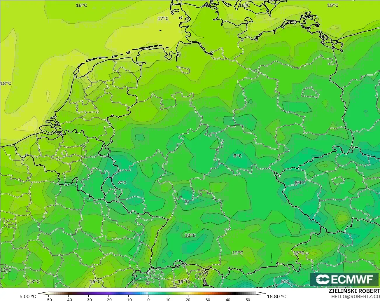 ECMWF IFS 0.25° modelo - Alemania, Punto de rocío a 2 m