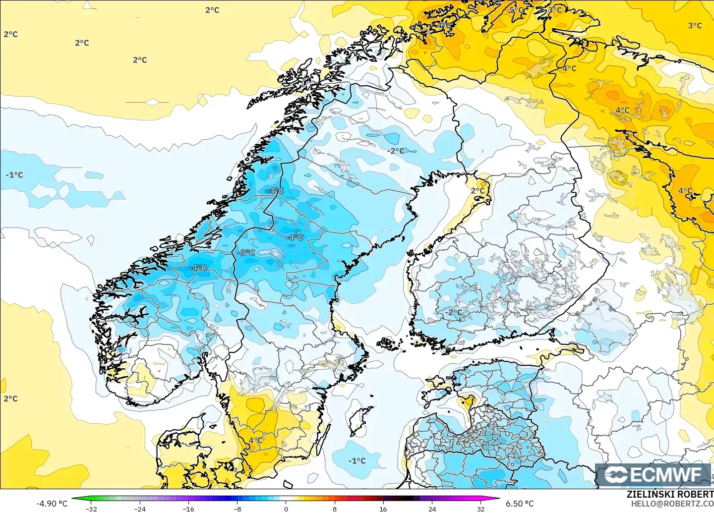 ECMWF IFS 0.25° modelo - Escandinavia, Anomalía de temperatura a 2 m