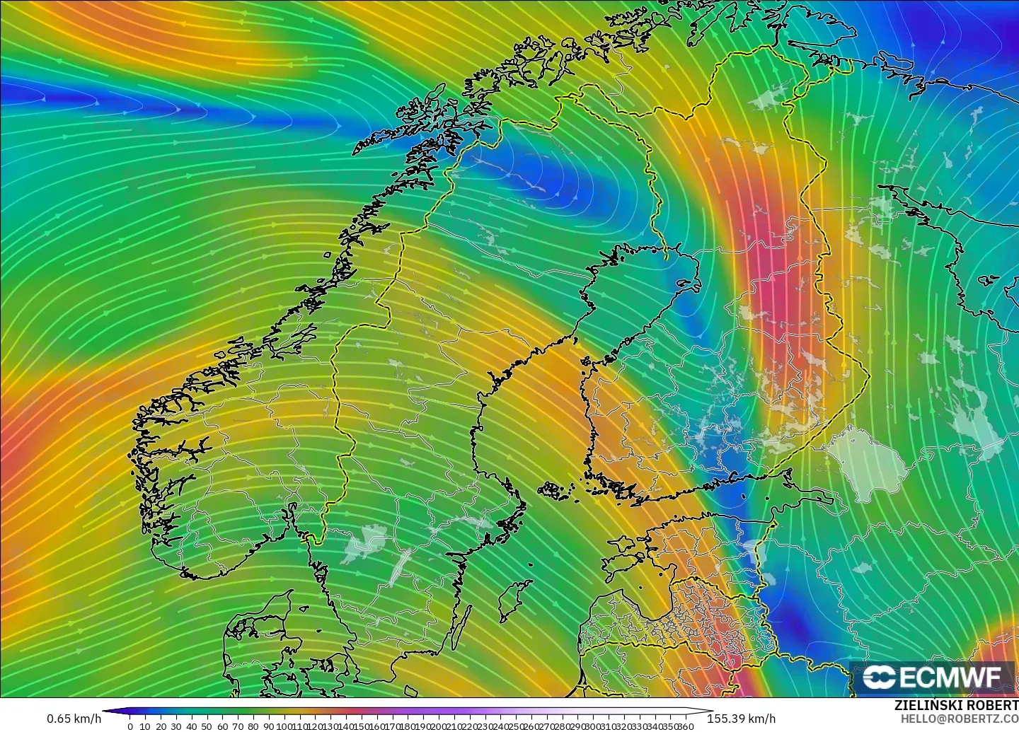 ECMWF IFS 0.25° modelo - Escandinavia, Viento a 300 hPa (corriente en chorro)