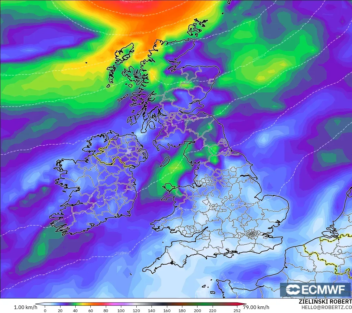 ECMWF IFS 0.25° modelo - Reino Unido, Ráfagas de Viento Máximas