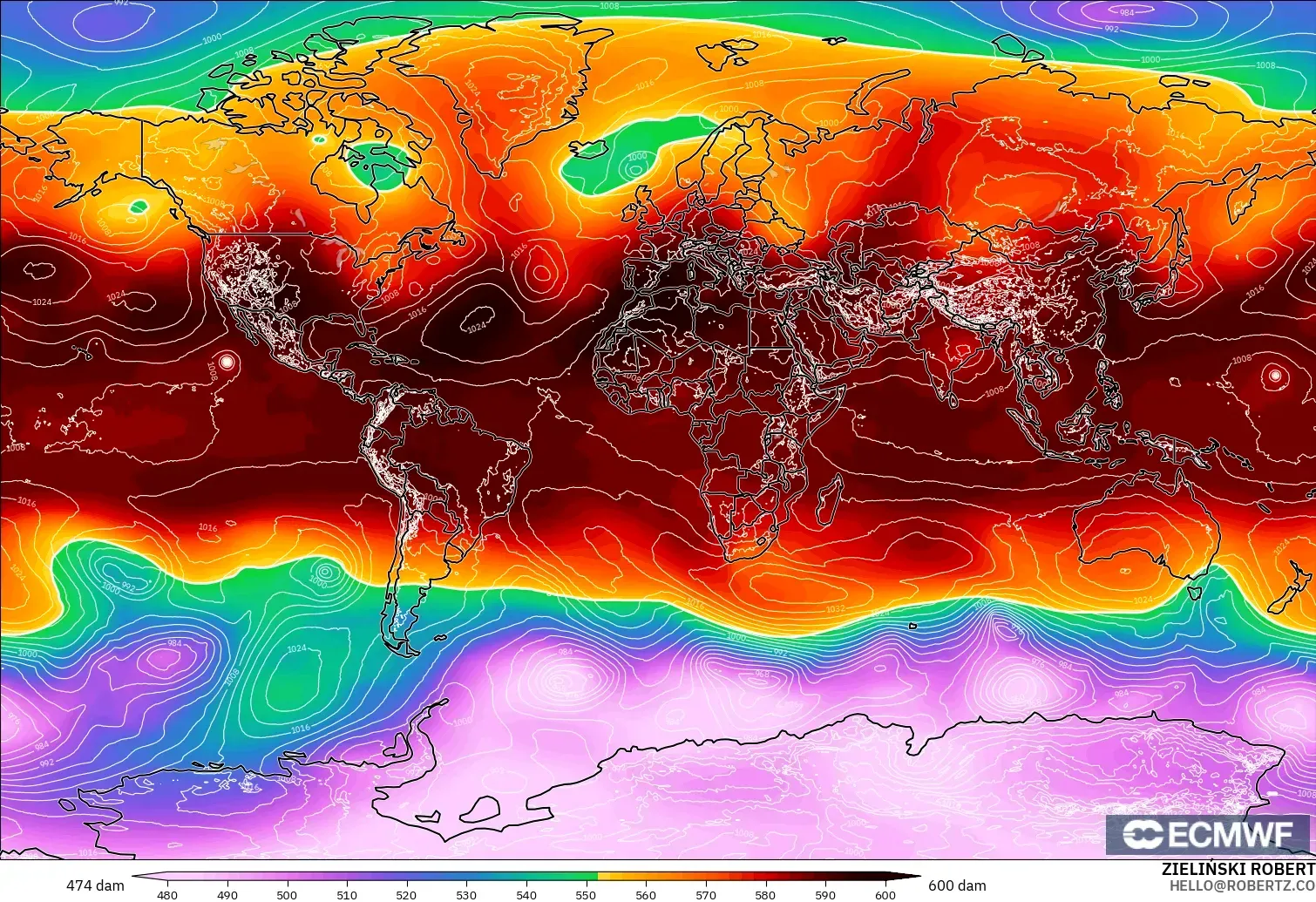 ECMWF IFS 0.25° modelo - Mundo, Altura geopotencial a 500 hPa