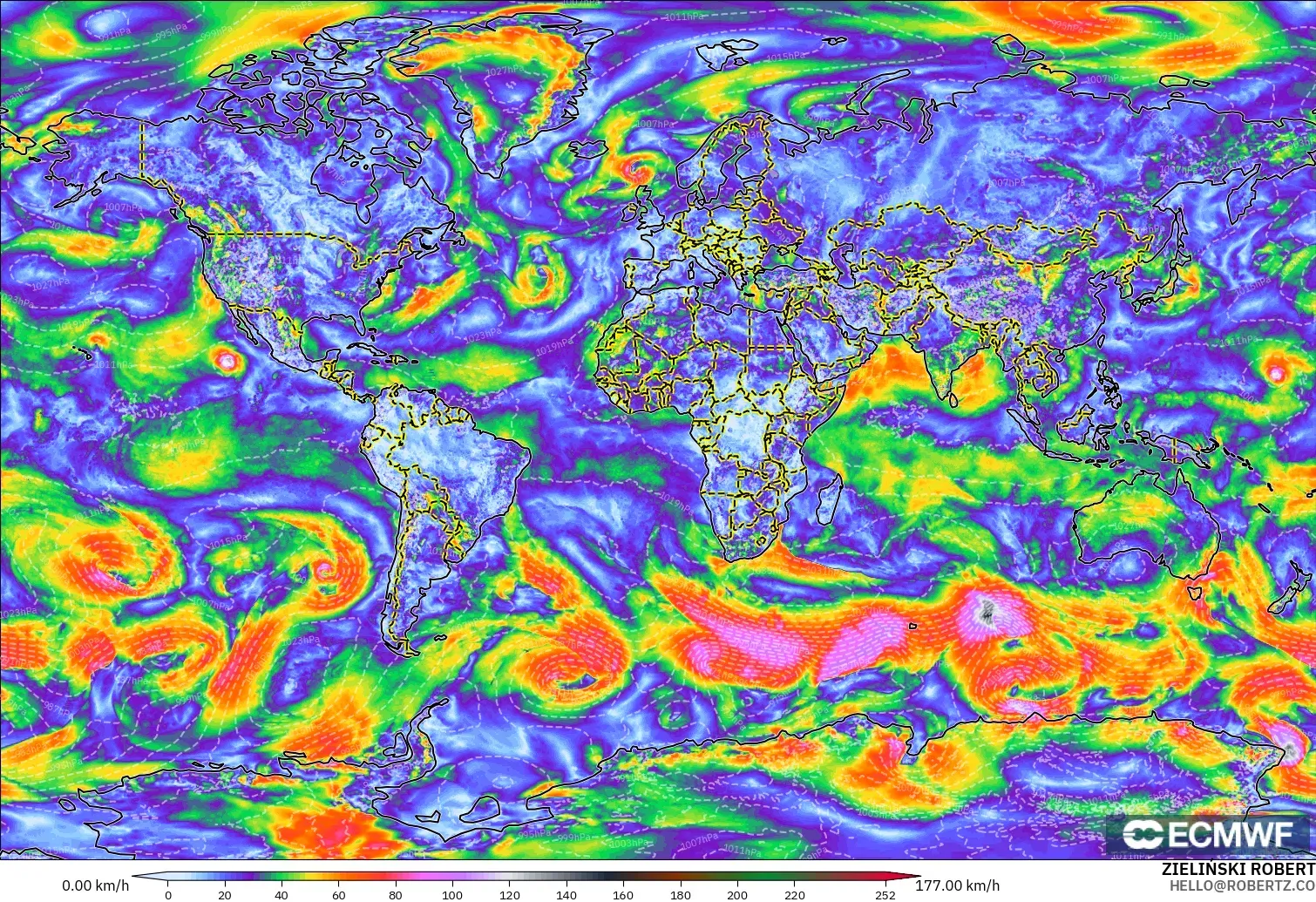 ECMWF IFS 0.25° modelo - Mundo, Ráfagas de viento
